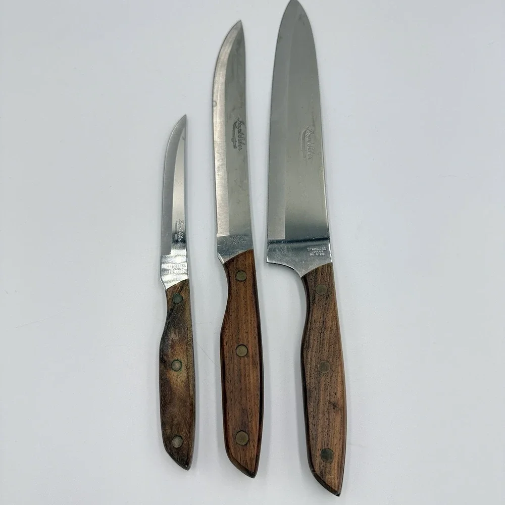 VTG Royal Saber Japan Stainless Steak Chef Knife Set Wood Handle 3 Pc Midcentury